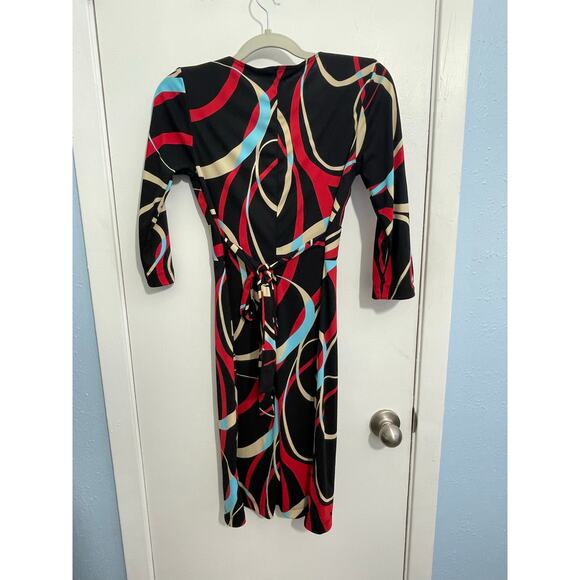 Y2K My Michelle Dress Small Geometric Faux Wrap 3/4 Sleeve Office Siren Retro - Picture 4 of 6